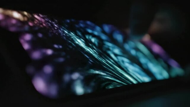 A blurry close-up view of a dark screen with bright colorful specks