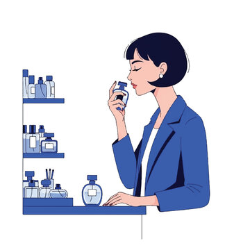 Woman Smelling Perfume Bottle Closely.