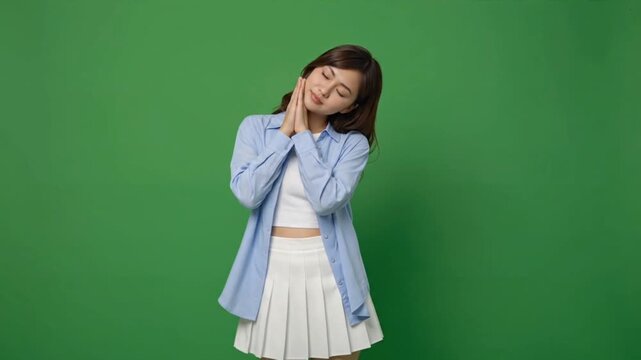 Young woman shows sleep symbol on green screen