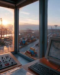 Fototapeta premium Sunset casts golden glow over bustling port. Control panel sits beside monitor, showing maritime data. Stacked containers fill distant harbor, cranes loom. Worker's hands rest on keyboard