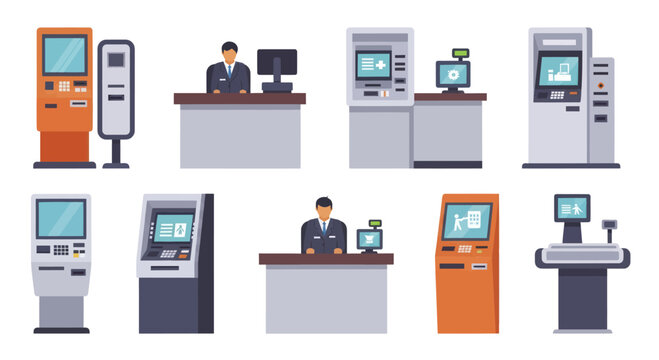 Collection of modern self service kiosks and payment terminals.