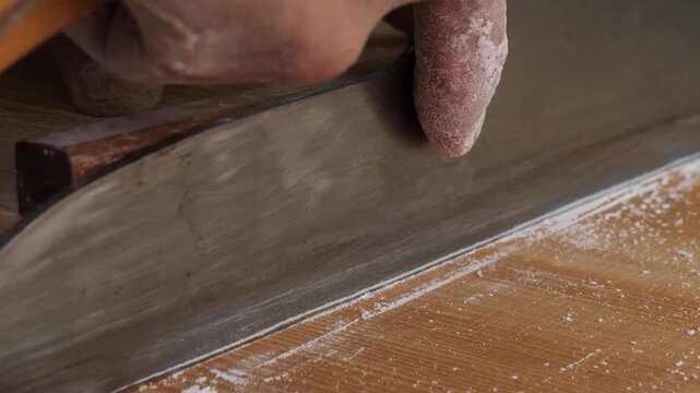 close-up shot of a professional chef using a traditional Japanese menkiri bocho knife to cut fresh, handmade buckwheat soba noodles on a wooden flour-dusted board. The footage showcases the precise rh