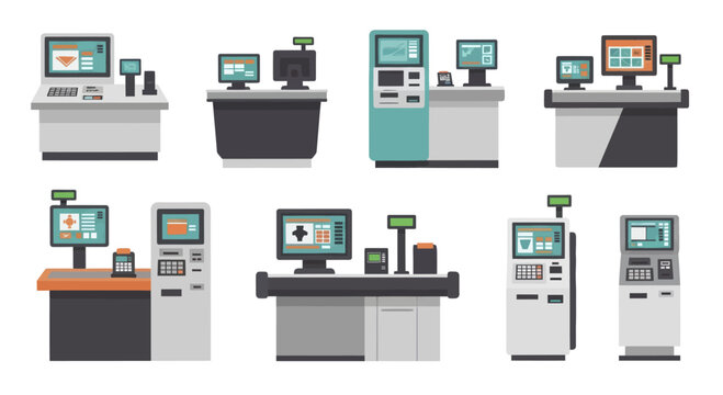 Collection of various retail point of sale systems and kiosks.