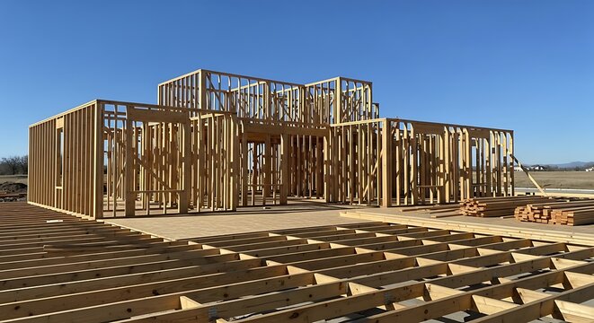 Wooden frame house under construction on a sunny day with clear blue sky