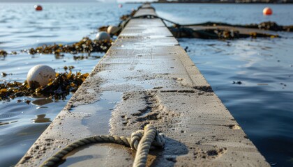 Naklejka premium Industrial Floating Concrete Walkway in the Ocean with Buoys and Seaweed, Concept of Maritime Infrastructure and Aquaculture Fishing Industry