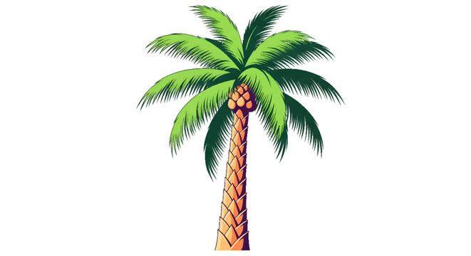 Vibrant tropical date palm tree illustration with lush green fronds and ripe orange dates, featuring a textured trunk, isolated on a clean white background.