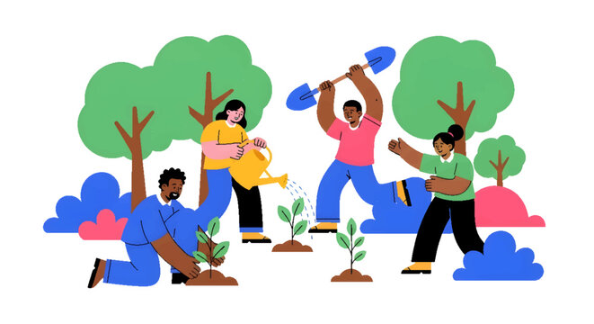 Diverse people planting trees and watering saplings, collaborating for environmental protection and sustainability. Community effort illustration for nature conservation.