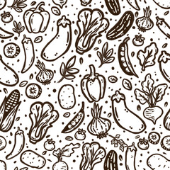 Fototapeta premium Seamless black and white vegetable pattern illustration featuring eggplant, pepper, onion, cucumber, corn, peas, beetroot, potato, and leafy greens. Perfect for minimalist food-themed designs.