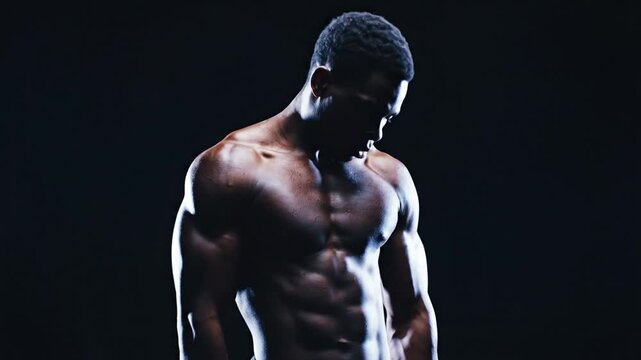 Muscular shirtless Black man with short hair performing a rhythmic dance in a dark studio setting with dramatic rim lighting highlighting his athletic physique and defined muscles.