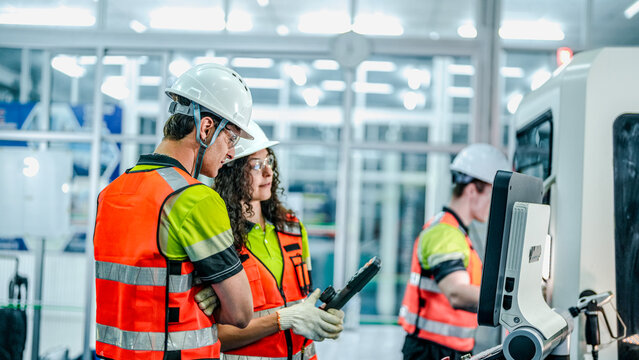Three engineers program an industrial robot or CNC machine using an AI interface. The team manufactures advanced microchips or high-tech components in a smart factory.