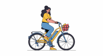 Fototapeta premium Woman riding an electric bicycle with a basket full of groceries, enjoying a healthy lifestyle and eco-friendly transportation.