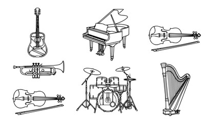 Minimalist black and white musical instruments vector illustration set clean line art outline of guitar piano trumpet drums violin and harp © Mdsahag