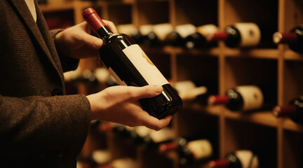 Naklejka premium Man picks wine bottle from wooden shelf in dark cellar with rows of alcohol drinks. Person examines beverage for tasting at winery or bar. Expertise for connoisseur.
