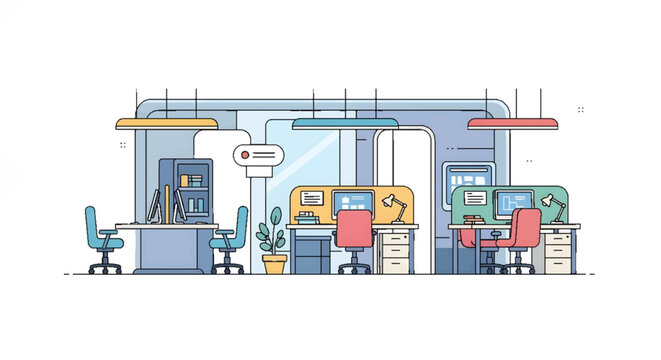 Modern open plan office interior illustration with multiple workstations, computers, and desks, depicting a contemporary collaborative workspace environment.