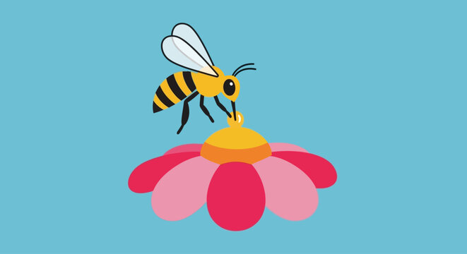Cute cartoon bee collecting nectar from a vibrant pink flower.