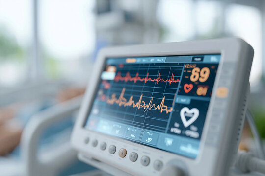 Medical monitor displays vital signs with steady heart rhythm. Numbers show pulse, breathing rate, and oxygen levels. Heart icon glows softly beside fluctuating ECG lines. Device rests on hospital bed