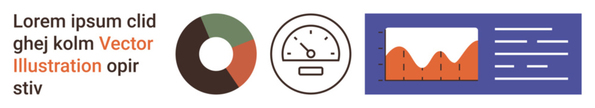 Business analysis, performance tracking, reporting, dashboards, efficiency monitoring, and statistics. Pie chart, speedometer line graph and text layout. Business analysis and performance tracking