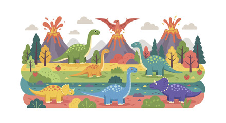 Colorful Prehistoric Dinosaur Landscape with Volcanoes and Trees. © Berkah