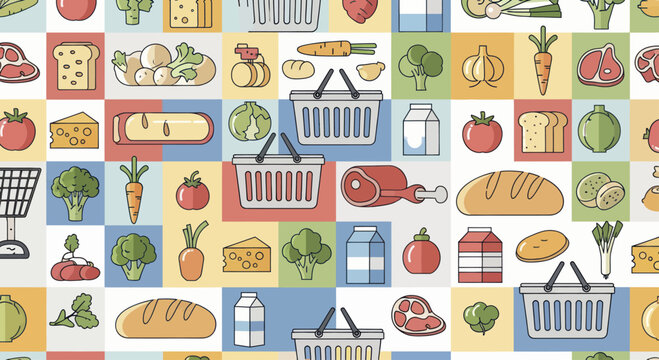 Colorful grocery store items pattern with various food products and shopping baskets.