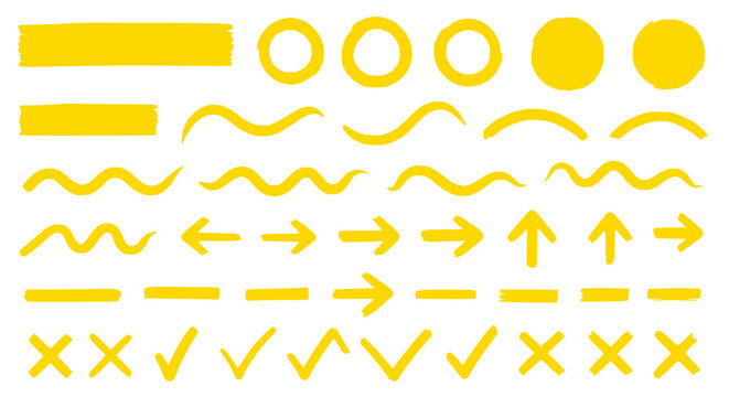 Yellow Hand-Drawn Elements: Arrows, Lines, Circles, Checks, Crosses, Waves
