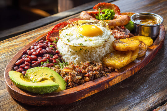 Traditional Colombian bandeja paisa served on a rustic wooden board, featuring white rice topped with a fried egg, red beans, ground beef, chorizo, fried plantain, avocado, and a small cup of sauce.
