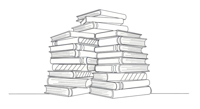 Continuous Line Drawing of a Large Stack of Books.