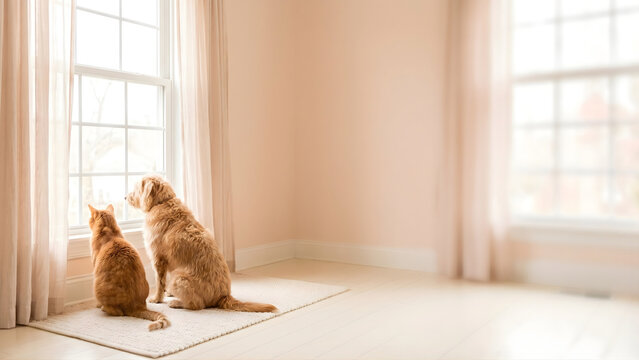 Cat and Dog Sitting in Sunlit Empty Room by Window