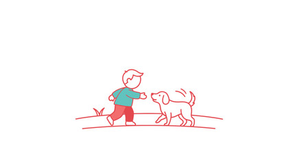 Boy walking with dog outdoors.