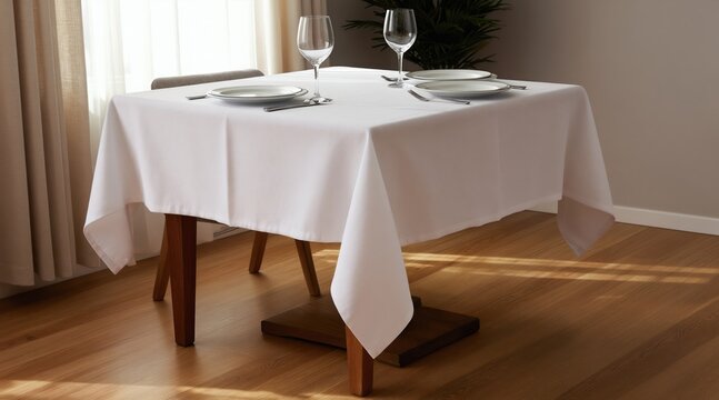 Clean white tablecloth covers a small square dining table set for two. Wine glasses and plates are ready for a meal. Simple elegant interior setting with natural light.