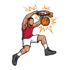 Dynamic Basketball Player Slam Dunking with Force and Energy. © alifia