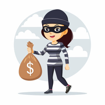 Cartoon Female Thief Holding a Bag of Money