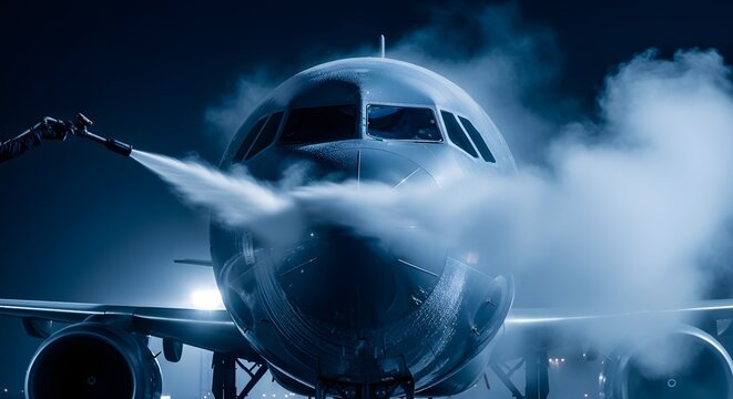 Close up of airplane cockpit being sprayed with deicing fluid fluid at night airport runway ground maintenance winter travel safety