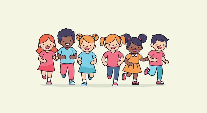 Diverse group of happy children walking.