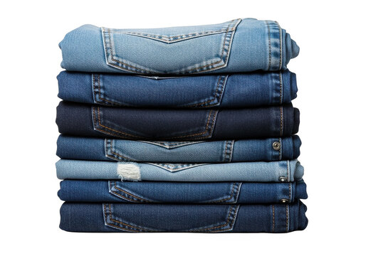 Stack of folded blue denim jeans pants in various shades of indigo isolated on transparent background