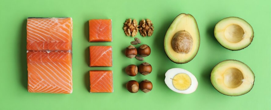 Fresh salmon pieces, ripe avocado halves, walnuts, hazelnuts, seeds and boiled egg arranged on bright green surface. Healthy food concept includes ingredients for keto or paleo diet.