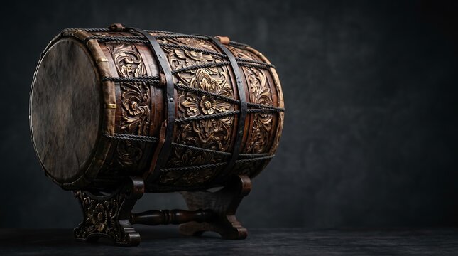 Ornate Javanese Kendang Drum on Dark Charcoal Background with Copy Space