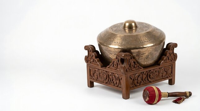 Single Javanese Bonang Gong with Mallet Isolated on White Background
