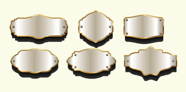Set of Blank Silver Plates with Gold Frames and Screws, Metallic Nameplates and Decorative Plaques Vector Collection