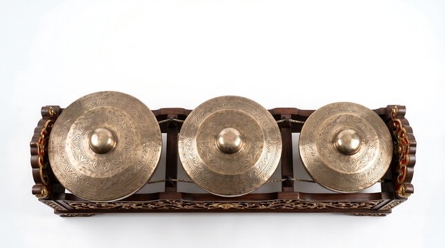 Three Javanese Bonang Gongs Overhead View on White Background