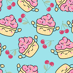 Cute pink cupcake with smiling face and cherries pattern blue background, playful repeating dessert illustration with sprinkles and cheerful mood © Napapat