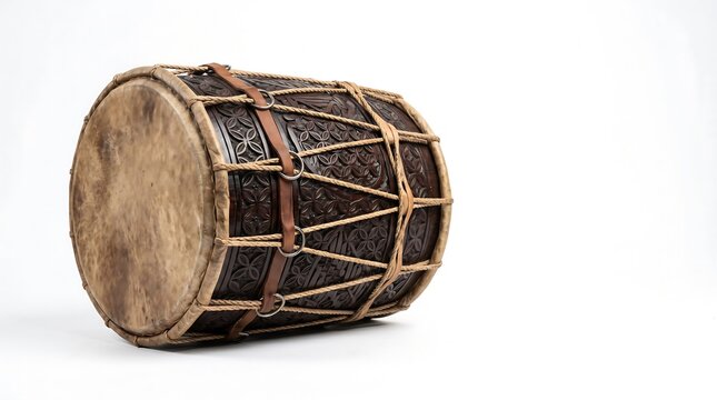 Traditional Carved Javanese Kendang Drum Isolated on White Background