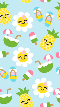 Cute smiling pineapple daisy coconut drink popsicle and flip flop summer pattern with pastel colors conveying cheerful sunny mood