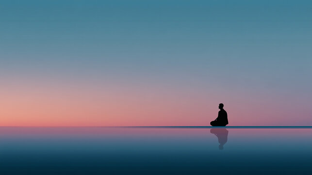 Silhouette of a man sitting on a pier at sunset over the sea and calm water with evening sky reflection