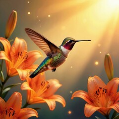 Obraz premium Small hummingbird flies near bright orange lilies. Golden sun rays shine through air with sparkling dust. Nature scene with warm vibrant colors and soft focus background.