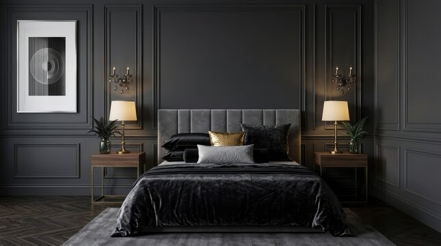 A luxurious bedroom with a black theme, featuring an elegant bed, stylish lamps, and decorative wall art. The room exudes comfort and sophistication