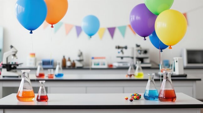 Colorful balloons float above lab tables with beakers and flasks containing liquids. A science classroom is decorated for a party with a festive banner and scientific equipment visible in background.