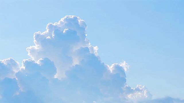 Expansive light blue sky featuring beautifully illuminated fluffy cumulus clouds, offering a tranquil and serene natural backdrop