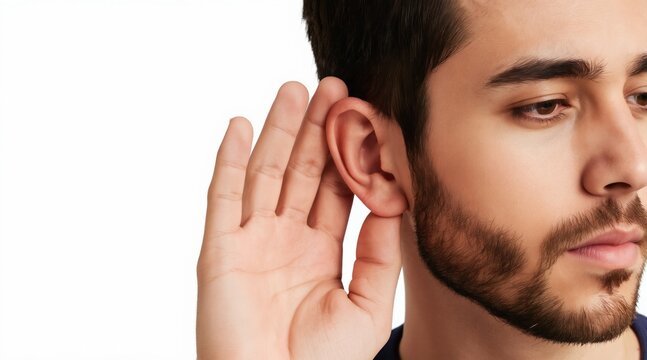Young man cups hand behind ear, straining to hear something. His face shows deep concentration and curiosity. He looks intently to the side. Copy space is available.