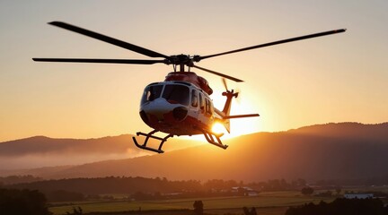 Helicopter flies over misty mountains at golden sunrise. Aircraft soars above rural landscape during dawn. Rotorcraft travels in morning sky.