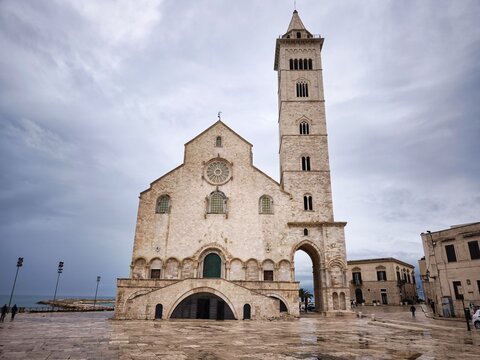 Trani, Italy - April 15, 2026: West front of Cattedrale di Trani  or Trani Cathedral with bell tower
